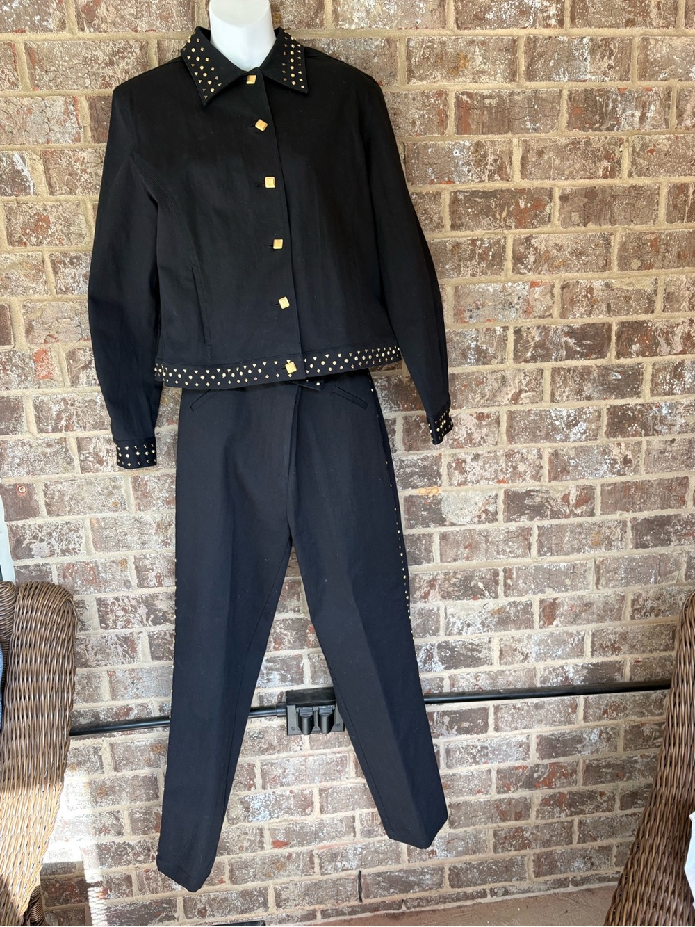Christine Phillipe Black with gold studs 2 piece jacket 12 pants 14 Vintage suit